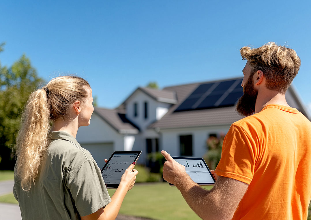 Ein stolzes Paar in der Auffahrt ihres umweltfreundlichen Hauses, das auf Sonnenkollektoren auf dem Dach zeigt